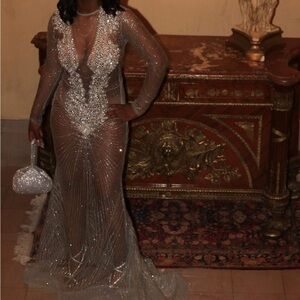 PromGirl Silver Sheer Beaded Evening Gown